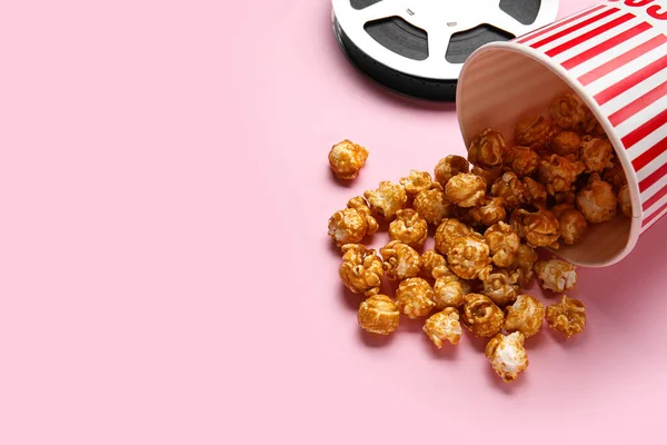 Bucket Tasty Popcorn Film Reel Pink Background — Stock Photo, Image