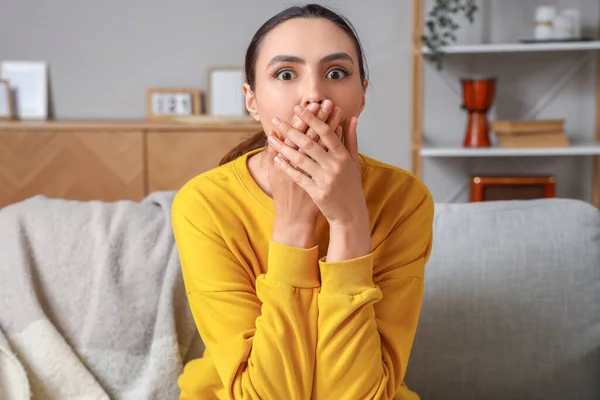 Shocked Young Woman Video Chatting Sofa Home — Stock Photo, Image