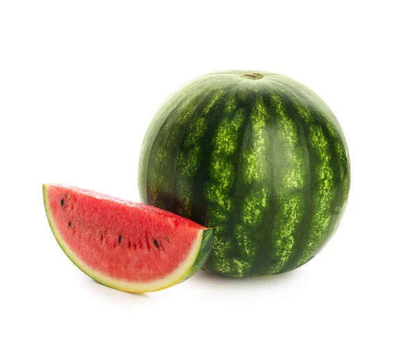 Frische Wassermelone Mit Stück Auf Weißem Hintergrund — Stockfoto