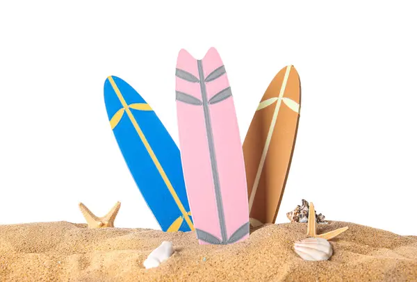 Mini Tablas Surf Con Conchas Marinas Estrellas Mar Sobre Arena — Foto de Stock