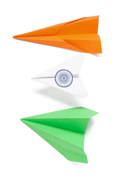 Beyaz Arka Planda Izole Edilmiş Kağıt Uçaklardan Yapılmış Hint Bayrağı — Stok fotoğraf