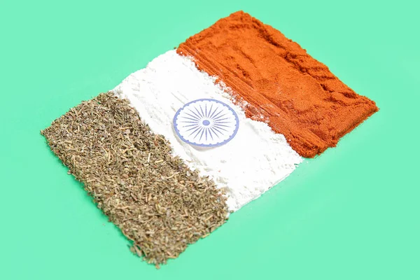 Yeşil Arka Planda Baharatlardan Yapılmış Hint Bayrağı — Stok fotoğraf