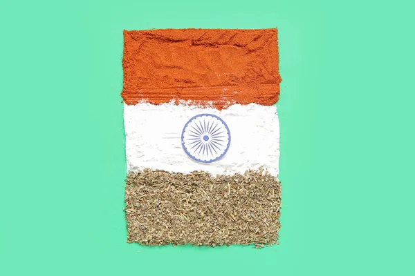 Yeşil Arka Planda Baharatlardan Yapılmış Hint Bayrağı — Stok fotoğraf