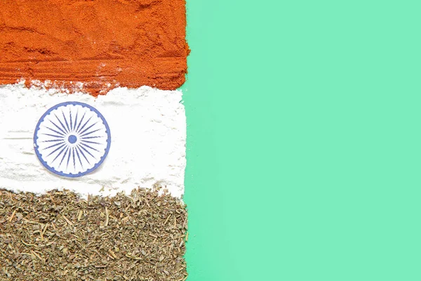 Flaga Indyjska Przypraw Zielonym Tle — Zdjęcie stockowe