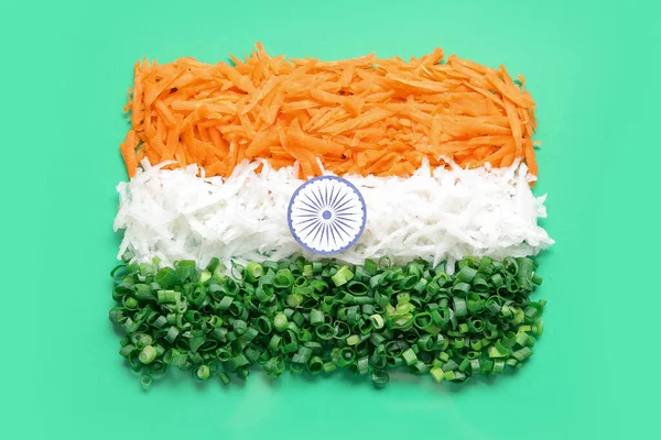 Indian Flag Made Fresh Vegetables Green Background — Stock Photo, Image