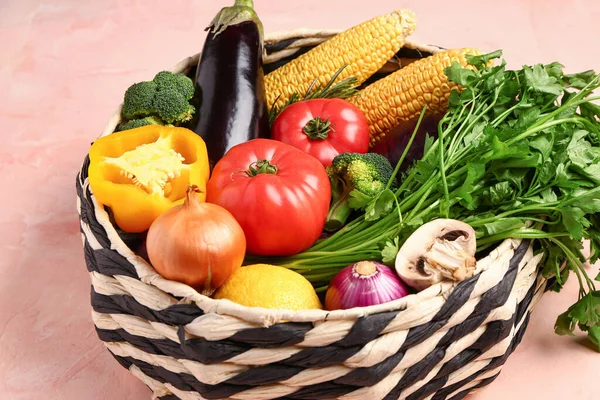 Basket Fresh Ripe Vegetables Beige Background Closeup — Stock Photo, Image