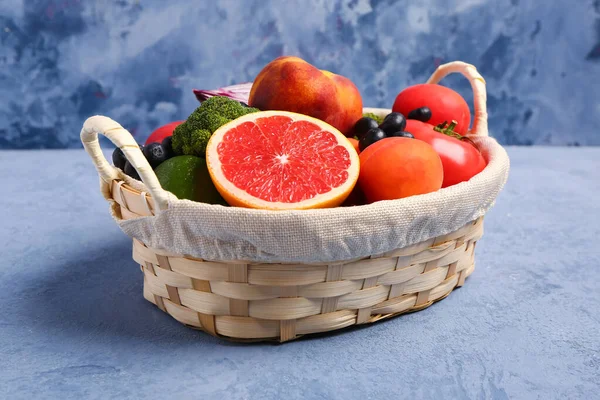 Wicker Basket Different Fresh Fruits Vegetables Blue Background — Stock Photo, Image