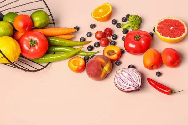 Basket Different Fresh Fruits Vegetables Pink Background — Stock Photo, Image
