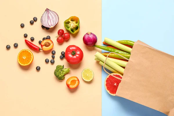 Paper Bag Different Fresh Fruits Vegetables Colorful Background — Stock Photo, Image