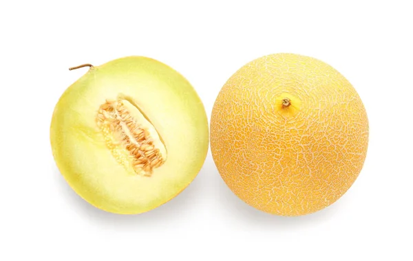 Söt Melon Med Hälften Vit Bakgrund — Stockfoto