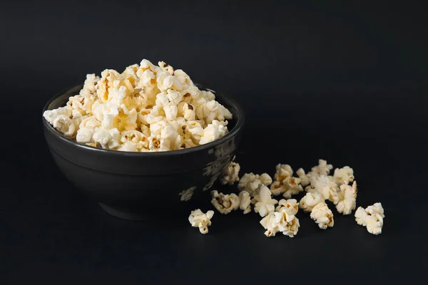 Bowl Tasty Popcorn Black Background — Stock Photo, Image