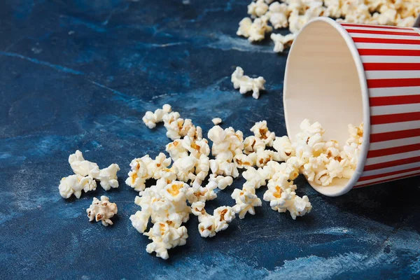 Bucket Tasty Popcorn Blue Background — Stock Photo, Image