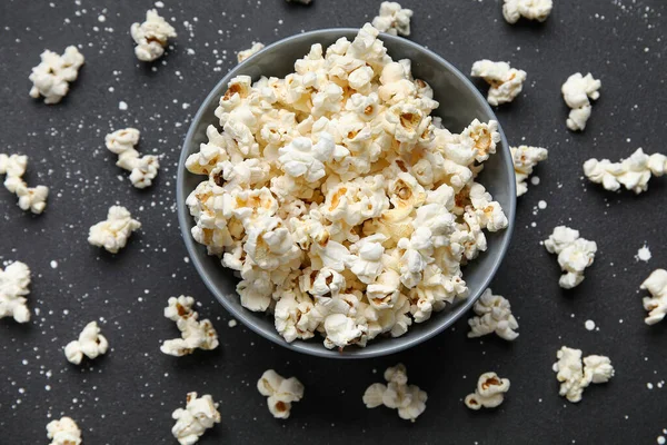 Bowl Tasty Popcorn Black Background — Stock Photo, Image