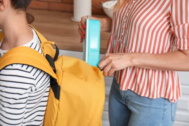 Anne, küçük oğlu için okul yemeği hazırlıyor.