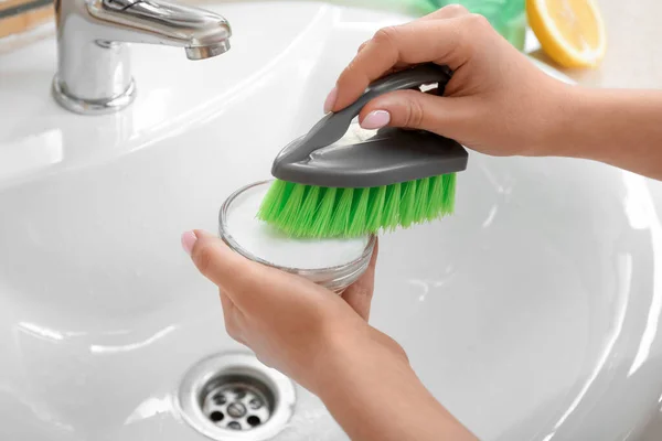 Woman Cleaning White Ceramic Sink Brush Baking Soda Closeup — Stock Photo, Image