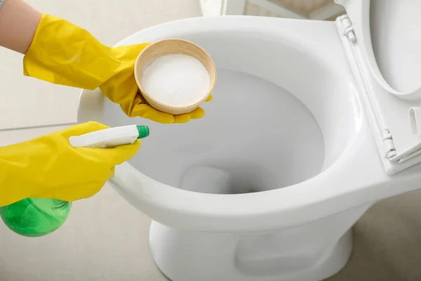 Woman Rubber Gloves Cleaning Toilet Bowl Baking Soda Sprayer Closeup — Stock Photo, Image