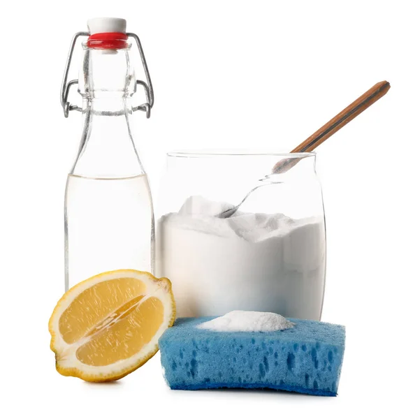 Jar Baking Soda Bottle Vinegar Cleaning Sponge Lemon White Background — Stock Photo, Image