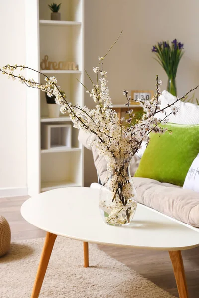 Interior Living Room Grey Sofa Blossoming Tree Branches Table — Stock Photo, Image