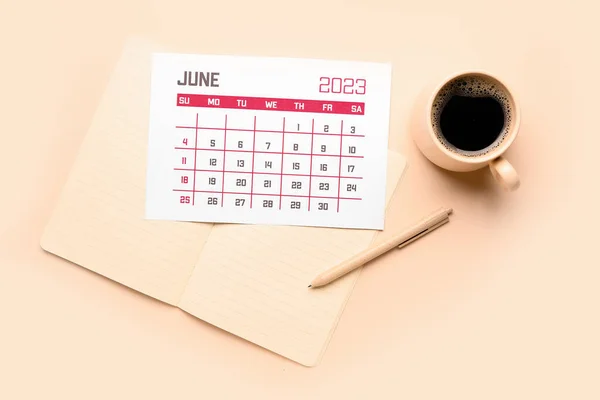 Calendar Notebook Pen Cup Coffee Beige Background — Stock Photo, Image