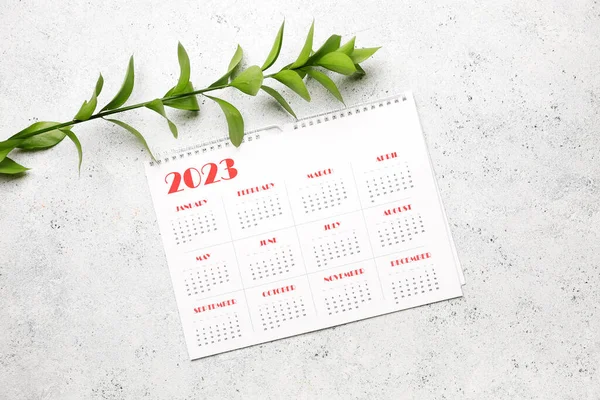 Calendar Green Plant Branch White Grunge Background — Stock Photo, Image