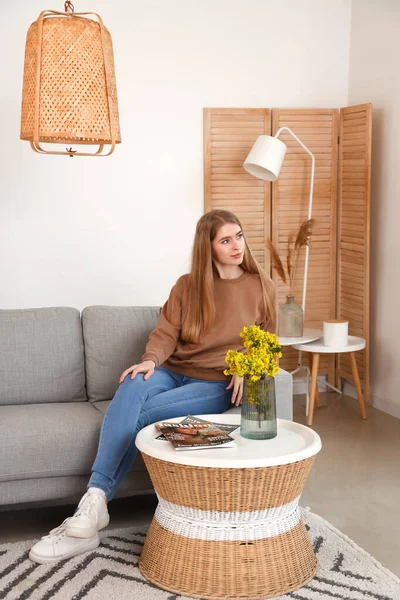 Dreaming Young Woman Sofa Home — Stock Photo, Image