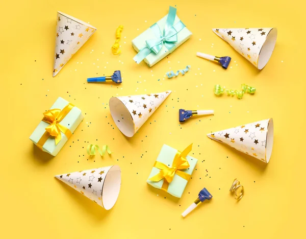 Different Party Decor Yellow Background — Stock Photo, Image