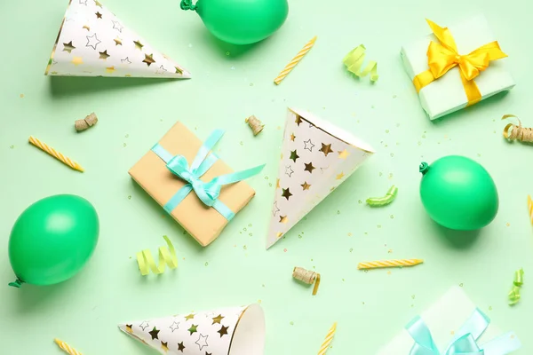 stock image Different party decor on pale green background