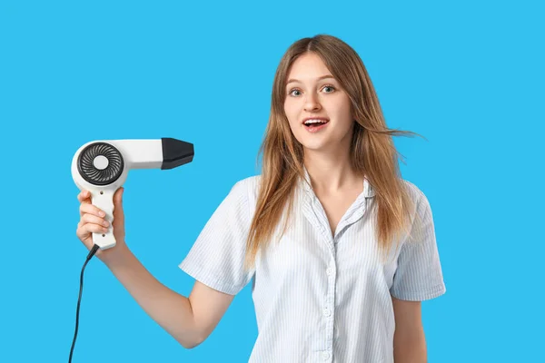 Beautiful Young Woman Hair Dryer Blue Background — Stock Photo, Image