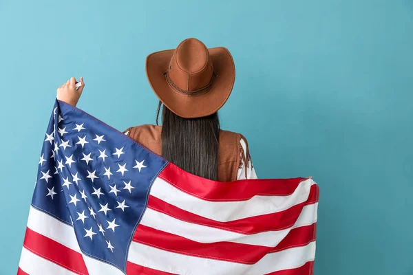 Beautiful Young Cowgirl Holding Usa Flag Blue Background Back View — Stock Photo, Image