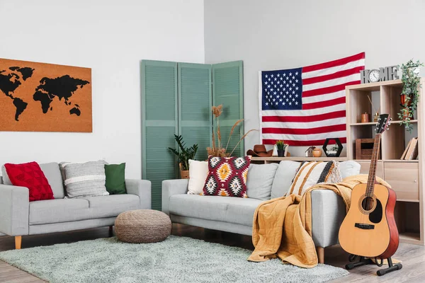 Interior Stylish Living Room Hanging Usa Flag — Stock Photo, Image