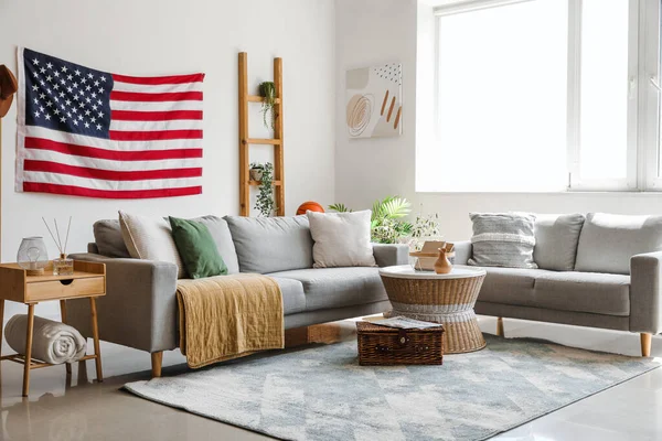 Interior Stylish Living Room Hanging Usa Flag — Stock Photo, Image