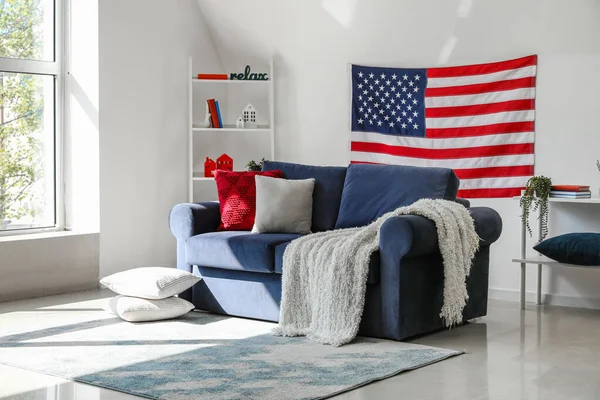 Interior Modern Living Room Hanging Usa Flag — Stock Photo, Image