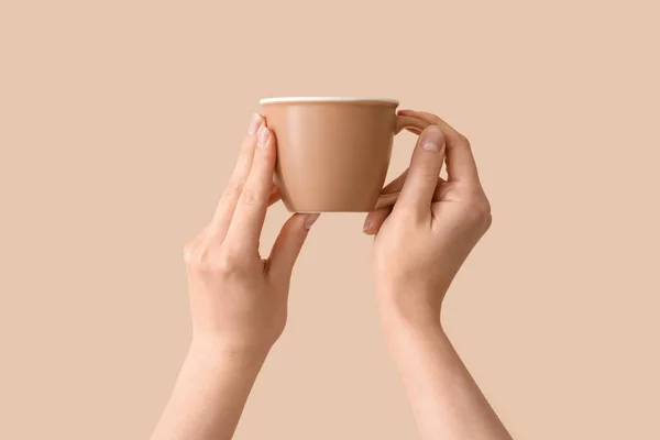 Female Hands Holding Cup Beige Background — Stock Photo, Image
