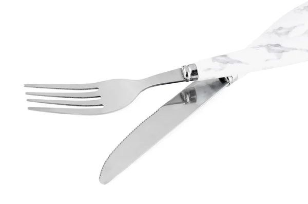 Stainless Steel Fork Knife Plastic Handles White Background — Stock Photo, Image