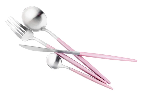 Stainless Steel Cutlery Pink Handles White Background — Stock Photo, Image