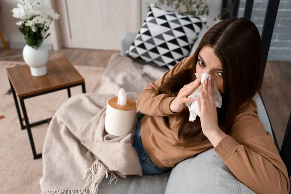 Allergic Young Woman Tissue Home — Stock Photo, Image