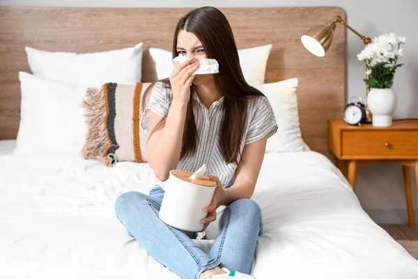 Allergic Young Woman Tissue Bedroom — Stock Photo, Image