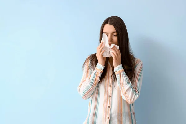 Allergic Young Woman Tissue Blue Background — Stock Photo, Image