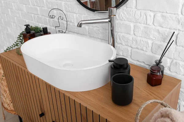 Sink Bowl Bath Accessories Wooden Cabinet Bathroom Closeup — Stock Photo, Image