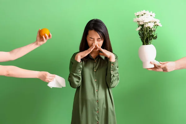 Allergic Asian Woman Female Hands Allergens Green Background — Stock Photo, Image
