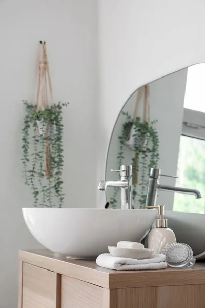 Sink Bowl Soap Bar Dispenser Wooden Cabinet Bathroom — Stock Photo, Image