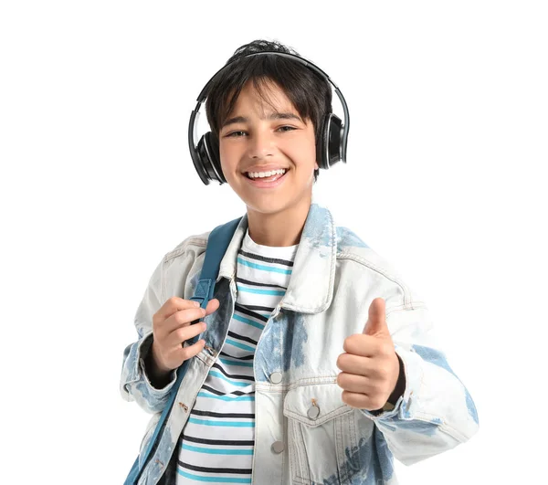 Little Boy Headphones Backpack Showing Thumb White Background — Stock Photo, Image