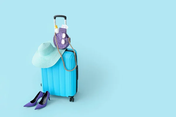 Suitcase Passport High Heels Beach Accessories Blue Background Travel Concept — Stock Photo, Image