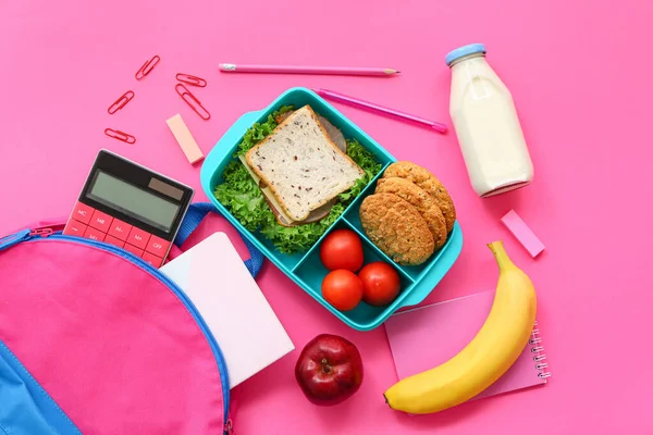 Backpack Stationery Lunch Box Tasty Food Pink Background — Stock Photo, Image