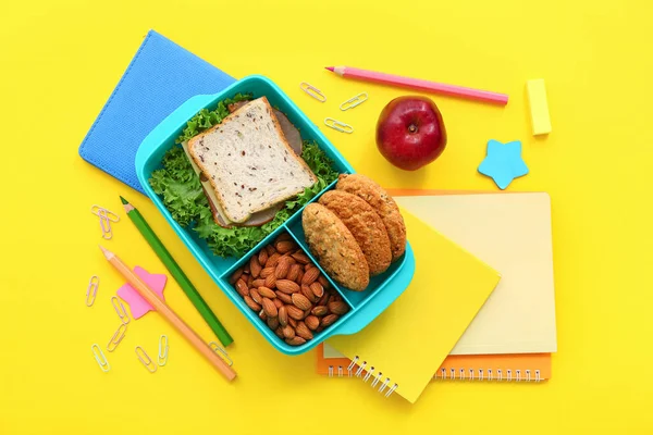 Stationery Lunch Box Tasty Food Yellow Background — Stock Photo, Image