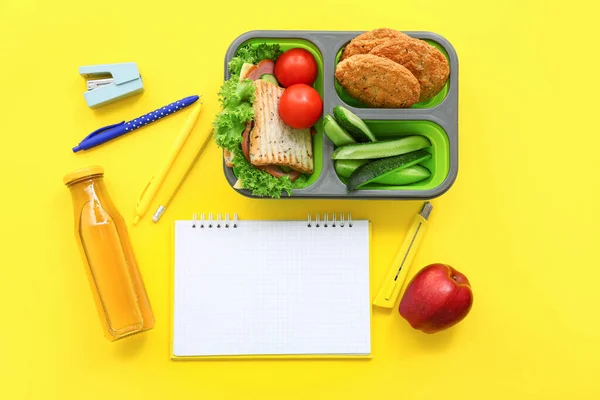Stationery Blank Notebook Drink Lunch Box Tasty Food Yellow Background — Stock Photo, Image