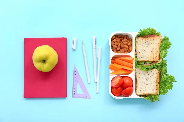 Kantoor Lunchbox Met Lekker Eten Blauwe Achtergrond — Stockfoto