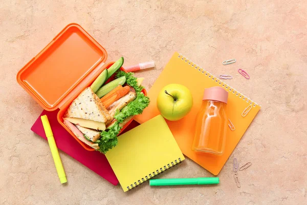 Stationery Drink Lunch Box Tasty Food Grunge Orange Background — Stock Photo, Image