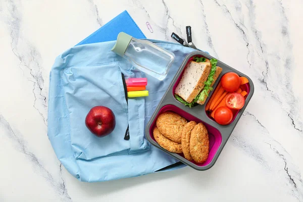 Backpack Stationery Drink Lunch Box Tasty Food Grunge White Background — Stock Photo, Image