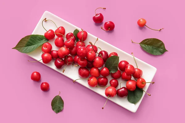 Talíř Sladkými Třešněmi Listy Růžovém Pozadí — Stock fotografie